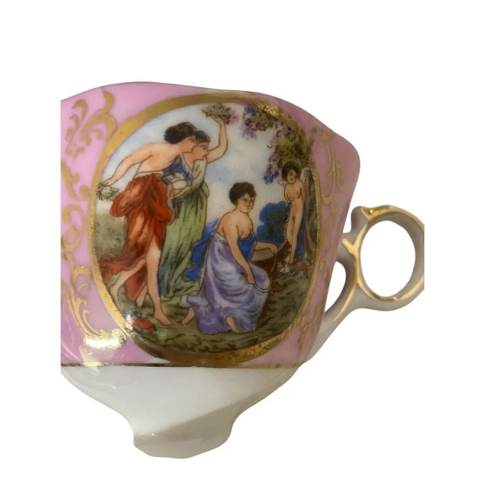 Vintage LM Royal Halsey Footed‎ Tea Cup & Cutout Saucer Victorian Ladies Cherub